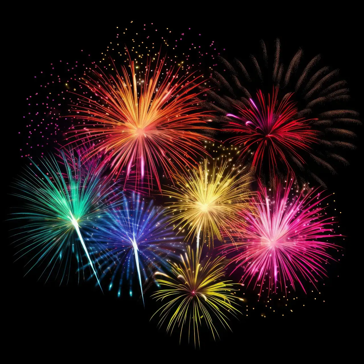 Colorful fireworks bursting in the night sky, symbolizing 4th of July holiday celebrations