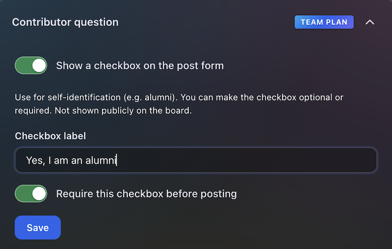 Contributor question checkbox settings, first panel