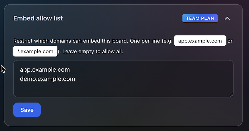 Embed domain allowlist settings, first panel