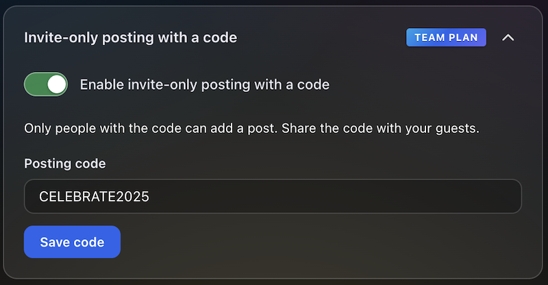 Post with code and invite-only contribution settings, first panel