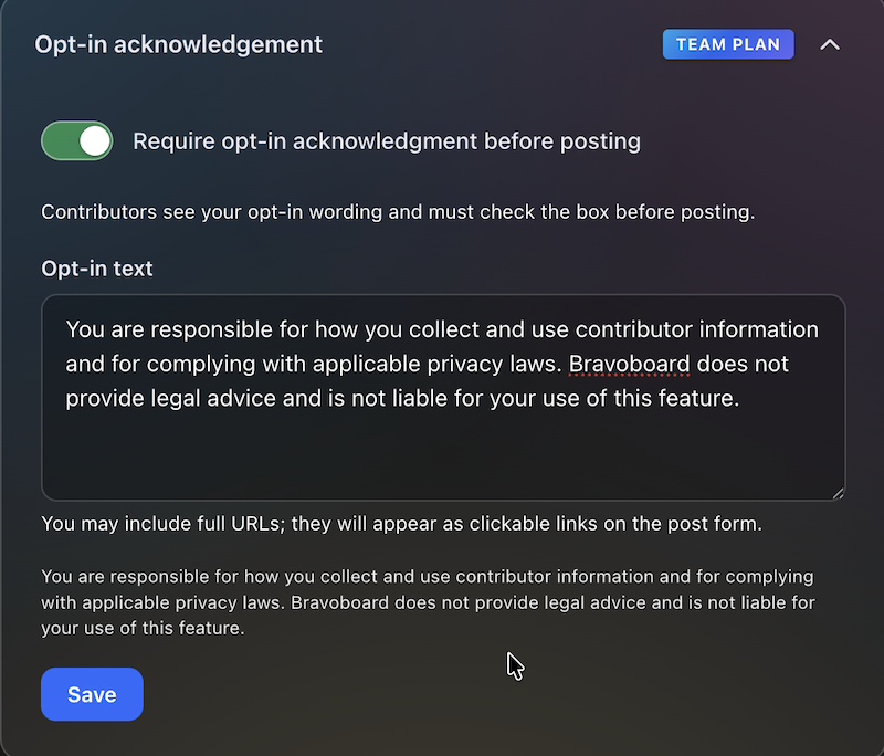 Contributor opt-in notice and acknowledgement settings, first panel